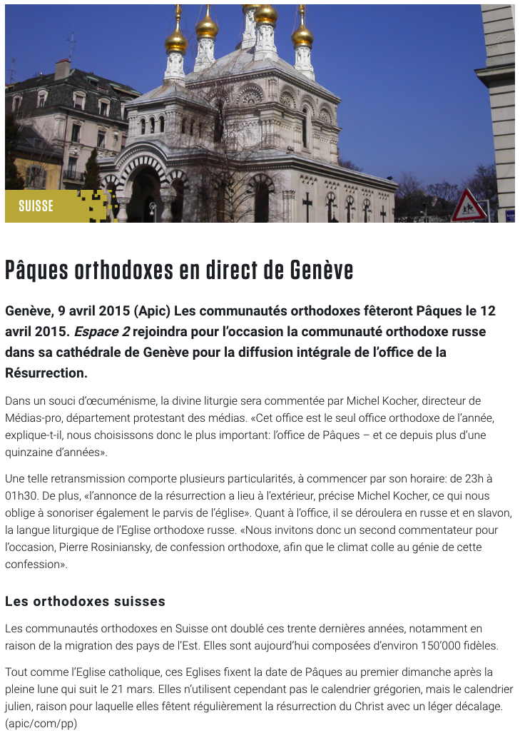 Page Internet. Pâques orthodoxes en direct de Genève. Transmission office de Pâques. 2020-04-12
